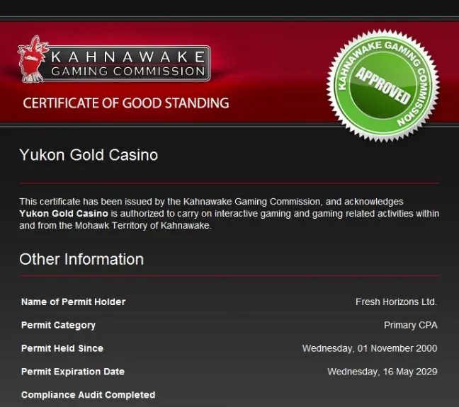 Yukon Gold Casino Kahnawake Gaming Comission License
