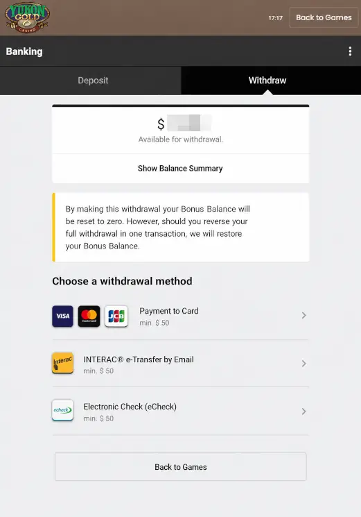 YukonGold Withdraw